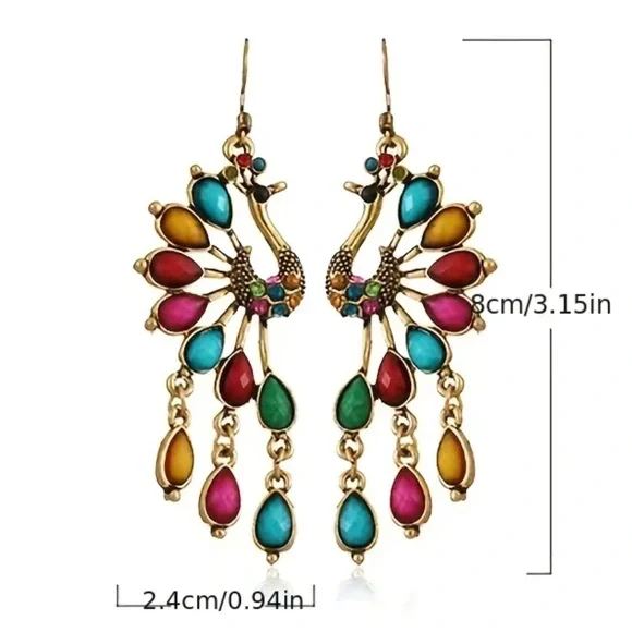 ⭕️ 3/$24 ⭕️ Beaded gold rainbow peacock earrings with rhinestones / NWOT - Picture 7 of 7